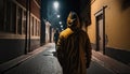 Robber in hood watches woman silhouette walking alone dark street, suspicious man hunts for female