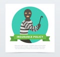 Robber in mask with crowbar, property protection insurance policy banner flat vector element for website or mobile app