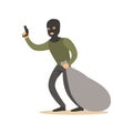 Robber in mask with huge sack and gun. Colorful cartoon character vector Illustration