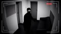Robber in mask looking surveillance camera, corporative building protection