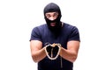 The robber wearing balaclava isolated on white Royalty Free Stock Photo