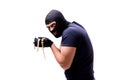The robber wearing balaclava isolated on white Royalty Free Stock Photo