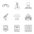 Robbery icons set, outline style