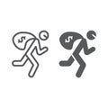 Robbery line and glyph icon, crime and burglary, thief with money bag sign, vector graphics, a linear pattern on a white