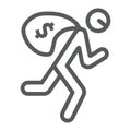 Robbery line icon, crime and burglary, thief with money bag sign, vector graphics, a linear pattern on a white