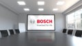 Robert Bosch GmbH logo on the screen in a meeting room. Editorial 3D rendering