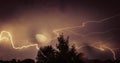 Colorful lighting strikes and streaks across a stormy night sky in Kentucky with water bokeh nature photography 2016 Royalty Free Stock Photo