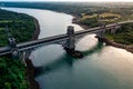 Aerial Vew Of Britannia Bridge carries road and railway across the Menai Straits between, Snowdonia and Anglesey. Wales Royalty Free Stock Photo