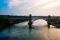 Aerial Vew Of Britannia Bridge carries road and railway across the Menai Straits between, Snowdonia and Anglesey. Wales Royalty Free Stock Photo