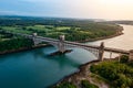 Aerial Vew Of Britannia Bridge carries road and railway across the Menai Straits between, Snowdonia and Anglesey. Wales Royalty Free Stock Photo