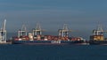 Roberts Bank Superport, located in the Strait of Georgia and part of Vancouver Harbour, with container ship Ciner Czech.