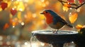 Robin bathing autumn garden birdbath sunset Royalty Free Stock Photo