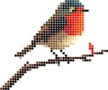 Robin Bird on a branch, pixel dotted style Royalty Free Stock Photo