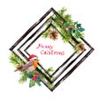 Robin bird in red santa hat, christmas tree branches with cones, mistletoe. Watercolor card with black ink stripes, text