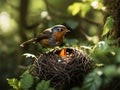 a robin building its nest in a lush forest during the afternoon