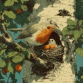 Robin Feeding Baby Birds in Nest on Birch Tree Royalty Free Stock Photo