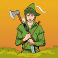 Robin Hood in a hat with feather. Defender of weak. Medieval legends. Heroes of medieval legends. Halftone background.