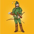 Robin Hood in a hat with feather. Defender of weak. Medieval legends. Heroes of medieval legends. Halftone background. Royalty Free Stock Photo