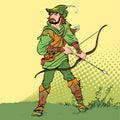 Robin Hood standing with bow and arrows. Robin Hood in ambush. Defender of weak. Medieval legends. Heroes of medieval