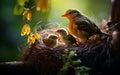 robin mother chirping with her cubs in their nest, green background and sunset, warm colors, bird and cubs, a mother\'s love Royalty Free Stock Photo