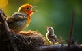 robin mother chirping with her cubs in their nest, green background and sunset, warm colors, bird and cubs, a mother\'s love Royalty Free Stock Photo