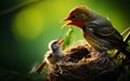 robin mother chirping with her cubs in their nest, green background and sunset, warm colors, bird and cubs, a mother\'s love Royalty Free Stock Photo