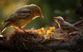 robin mother chirping with her cubs in their nest, green background and sunset, warm colors, bird and cubs, a mother\'s love Royalty Free Stock Photo