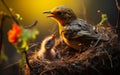 robin mother chirping with her cubs in their nest, green background and sunset, warm colors, bird and cubs, a mother\'s love Royalty Free Stock Photo