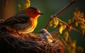 robin mother chirping with her cubs in their nest, green background and sunset, warm colors, bird and cubs, a mother\'s love Royalty Free Stock Photo