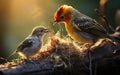 robin mother chirping with her cubs in their nest, green background and sunset, warm colors, bird and cubs, a mother\'s love Royalty Free Stock Photo