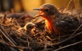 robin mother chirping with her cubs in their nest, green background and sunset, warm colors, bird and cubs, a mother\'s love Royalty Free Stock Photo