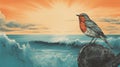 Robin By The Ocean: A Textured Image With Risograph Ra 8100 Royalty Free Stock Photo