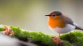 A robin perched on a moss covered plant with a blurred background Royalty Free Stock Photo