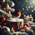 Robin sits on yule log in festive scene for Christmas