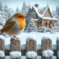 Robin red-breast sitting on snowy fence