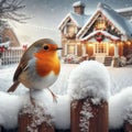 Robin red-breast sitting on snowy fence