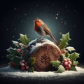 Robin Red-breast sitting on yule log at Christmas