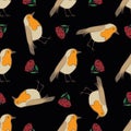 Robin Redbreast, berries and leaf foliage seamless vector pattern background. Garden birds and fruit of cotoneaster Royalty Free Stock Photo