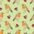 Robin Redbreast, berries and leaf foliage seamless vector pattern background. Garden birds and fruit of cotoneaster Royalty Free Stock Photo