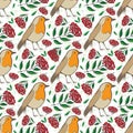 Robin Redbreast, berries and leaf foliage seamless vector pattern background. Red green backdrop with garden birds and Royalty Free Stock Photo
