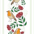 Robin Redbreast, berries, leaves, stripes seamless vector pattern background. Geometric backdrop with garden birds and Royalty Free Stock Photo