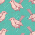 Robin Redbreast vintage vector seamless pattern background. Pink and light teal winter bird on floral backdrop. Hand Royalty Free Stock Photo