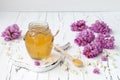 Robinia honey with acacia blossoms on old wooden table. Royalty Free Stock Photo