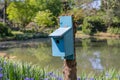 Robins egg blue painted birdhouse beside a pond, spring scenery, bluebird house