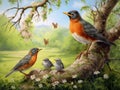 Ai Generated illustration Wildlife Concept of Robins feed their