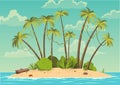 Robinson crusoe island. Desert island in ocean and palm coconut trees. Tropical paradise landscape, sandy beach flat