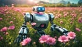 A robot admires a flower while lying in the field.