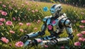 A robot admires a flower while lying in the field.