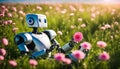 A robot admires a flower while lying in the field.