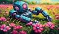 A robot admires a flower while lying in the field.